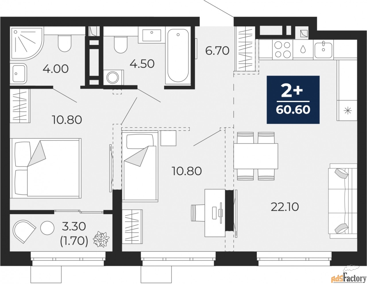 2 - комн. квартира, 60.6 м², 3/18 эт.