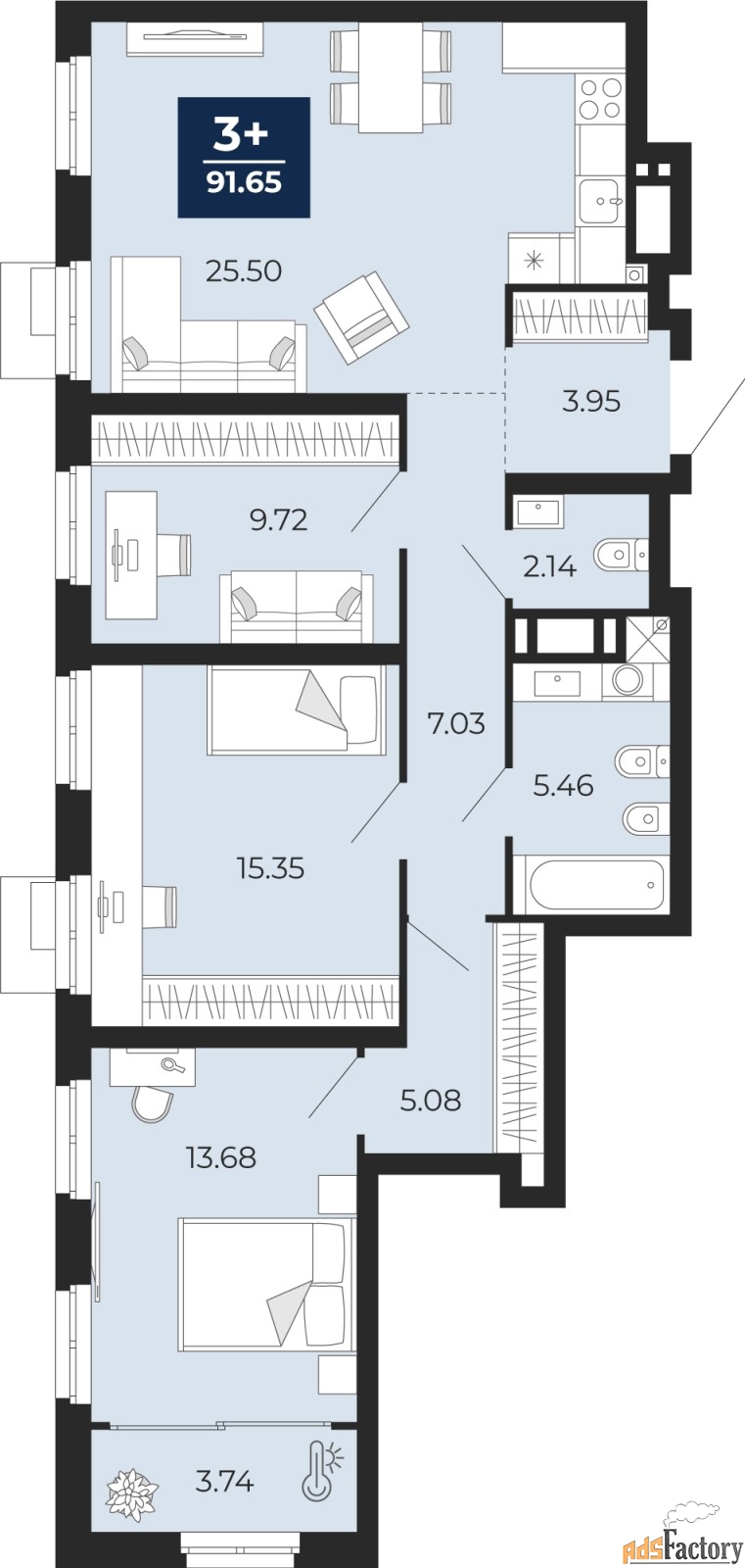3 - комн. квартира, 91.65 м², 3/18 эт.