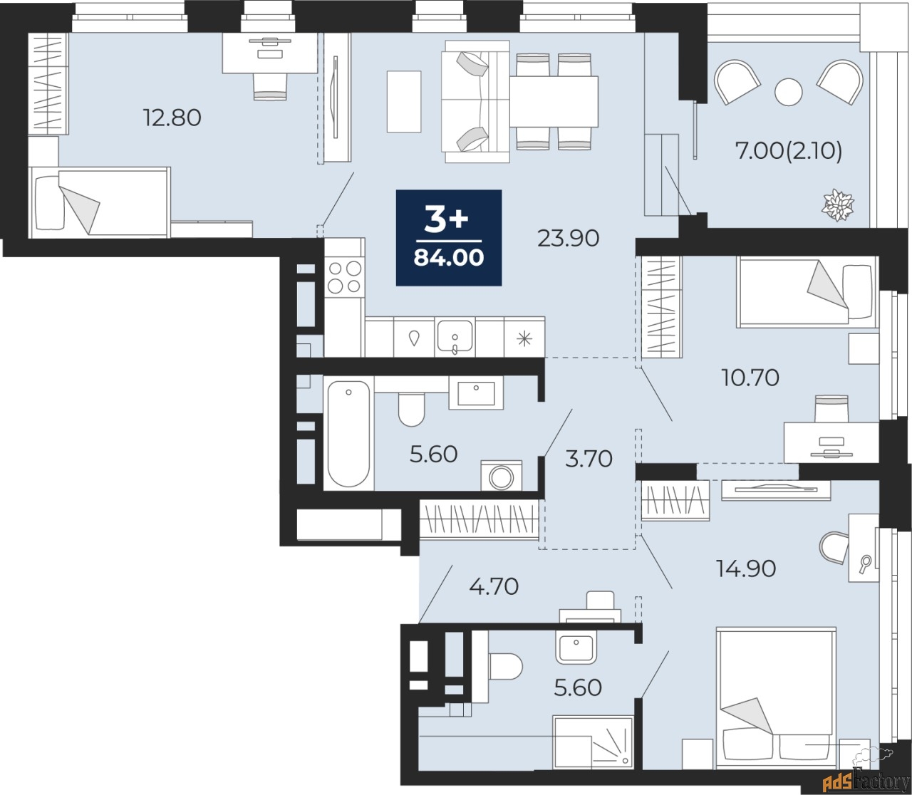 3 - комн. квартира, 84 м², 13/24 эт.