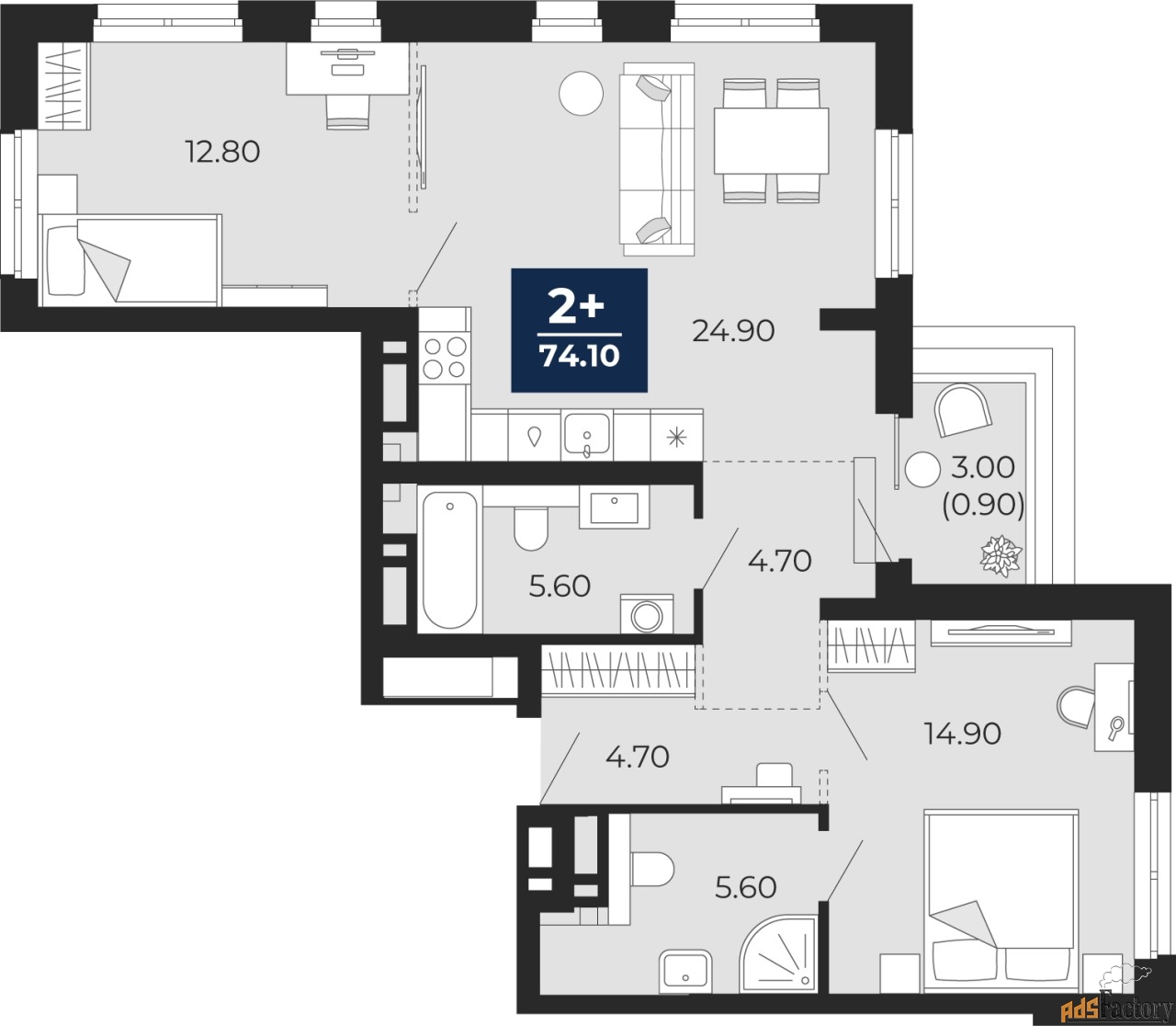 2 - комн. квартира, 74.1 м², 18/24 эт.