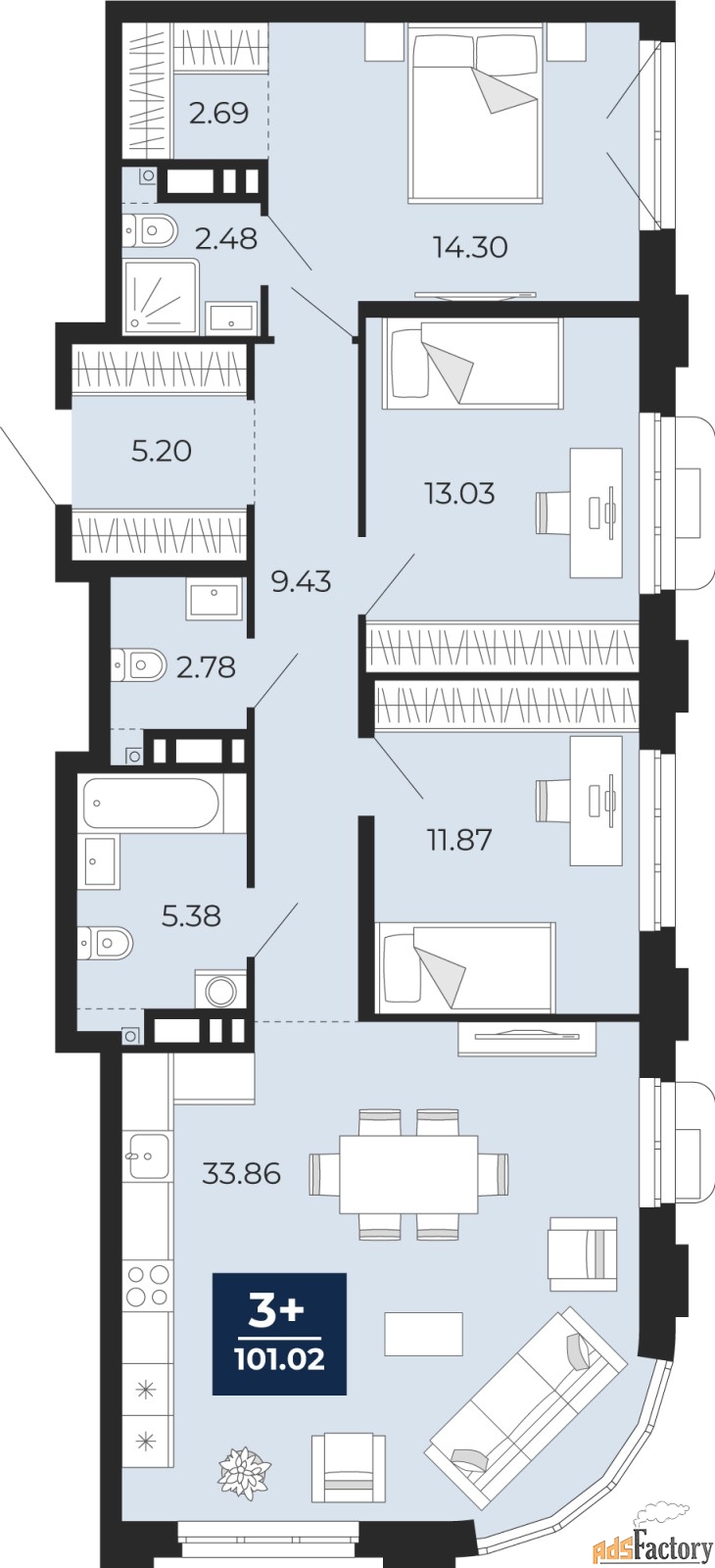 3 - комн. квартира, 101.02 м², 7/14 эт.
