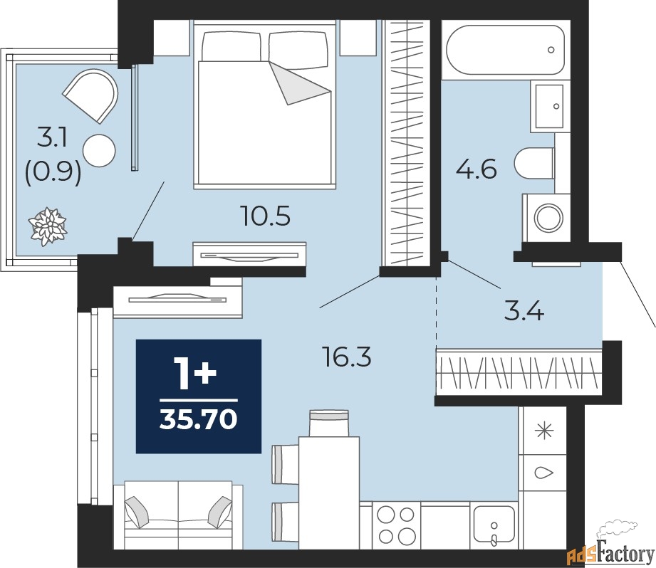 1 - комн. квартира, 35.7 м², 13/14 эт.