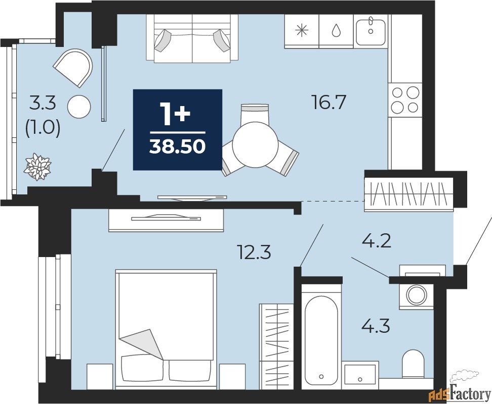 1 - комн. квартира, 38.5 м², 7/14 эт.