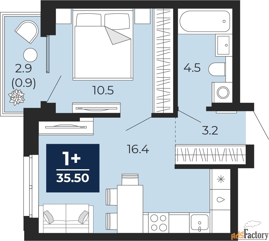 1 - комн. квартира, 35.5 м², 13/14 эт.