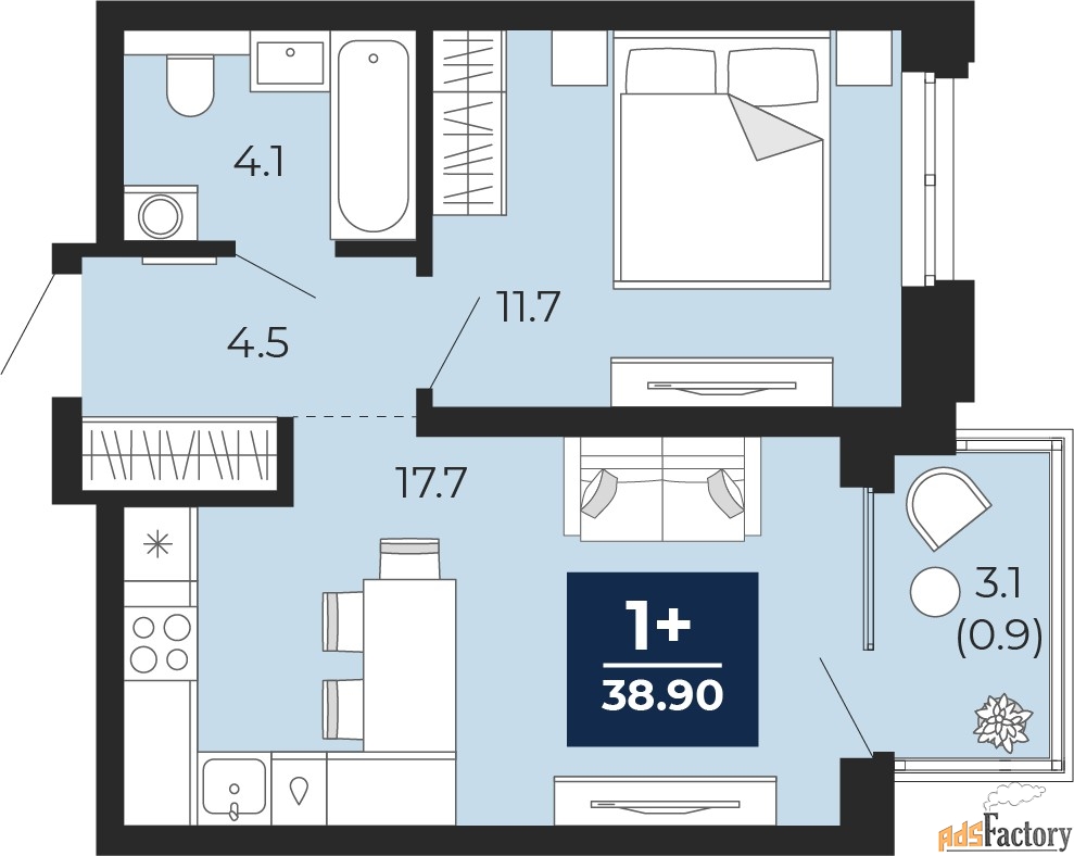 1 - комн. квартира, 38.9 м², 13/14 эт.