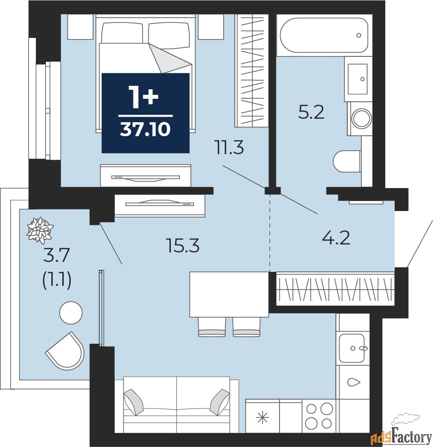 1 - комн. квартира, 37.1 м², 15/16 эт.