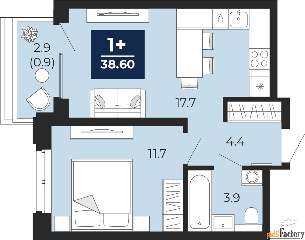 1 - комн. квартира, 38.6 м², 13/16 эт.