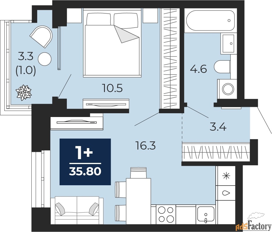 1 - комн. квартира, 35.8 м², 3/14 эт.
