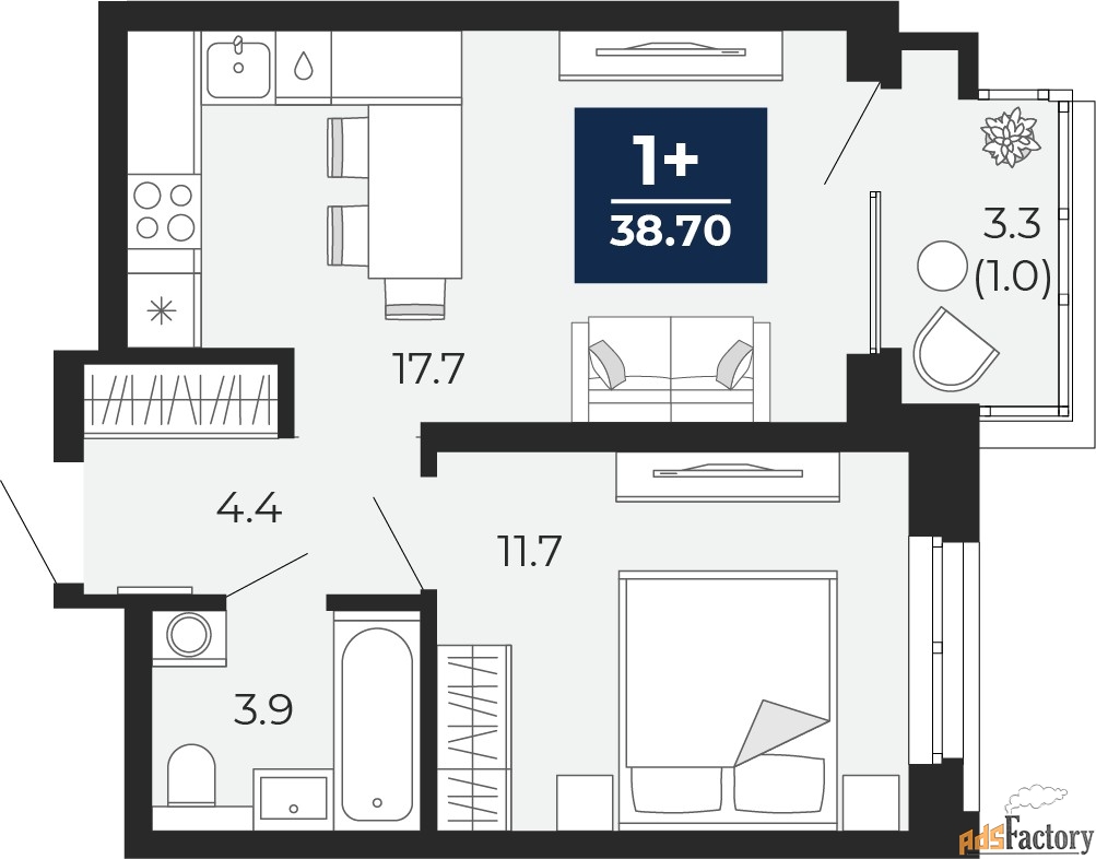 1 - комн. квартира, 38.7 м², 5/14 эт.