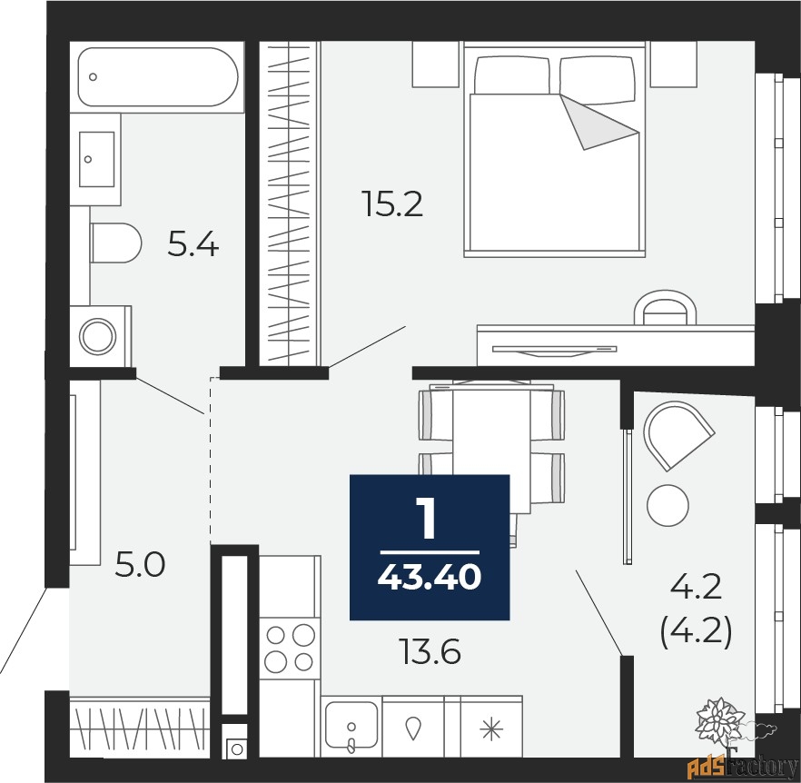 1 - комн. квартира, 43.4 м², 11/16 эт.