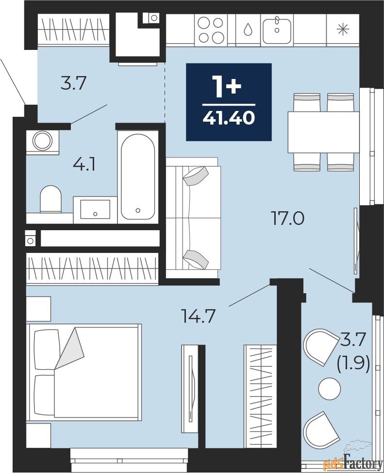 1 - комн. квартира, 41.4 м², 21/25 эт.