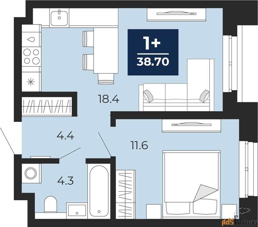 1 - комн. квартира, 38.7 м², 4/16 эт.