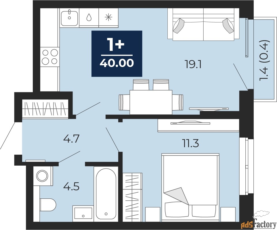 1 - комн. квартира, 40 м², 5/16 эт.