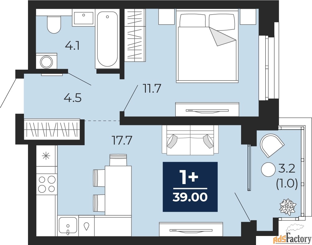 1 - комн. квартира, 39 м², 8/14 эт.