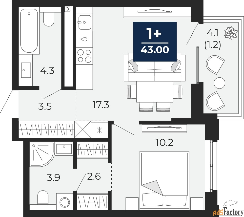 1 - комн. квартира, 43 м², 13/14 эт.