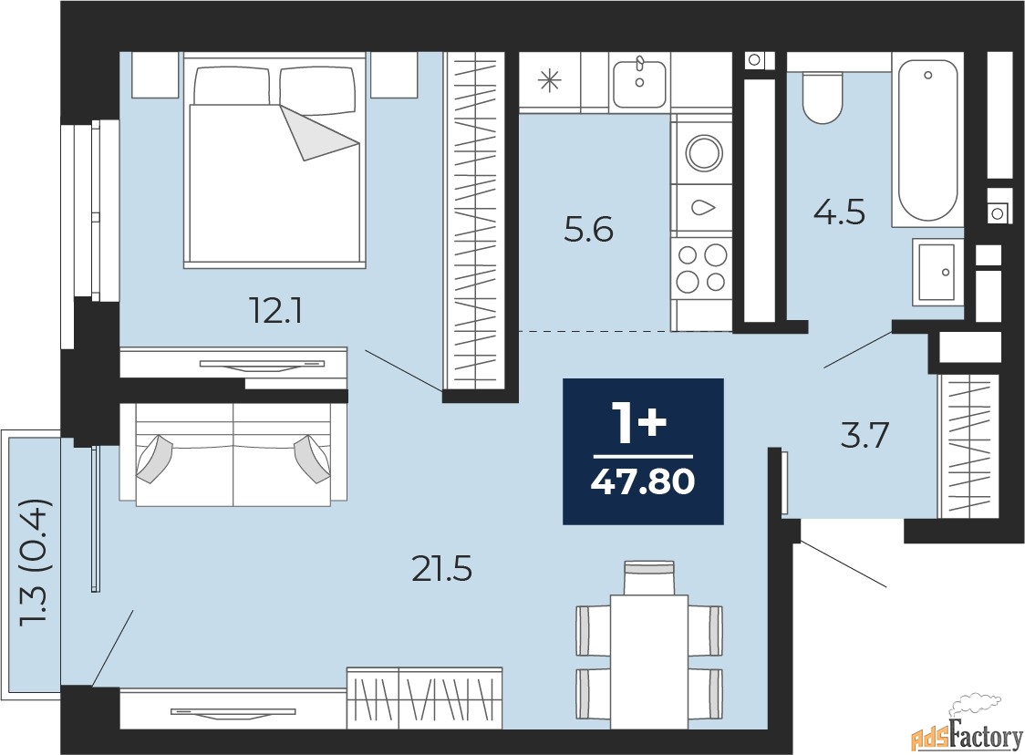 1 - комн. квартира, 47.8 м², 4/16 эт.