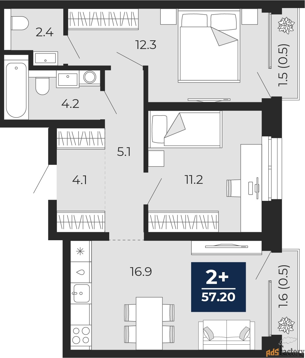 2 - комн. квартира, 57.2 м², 11/18 эт.