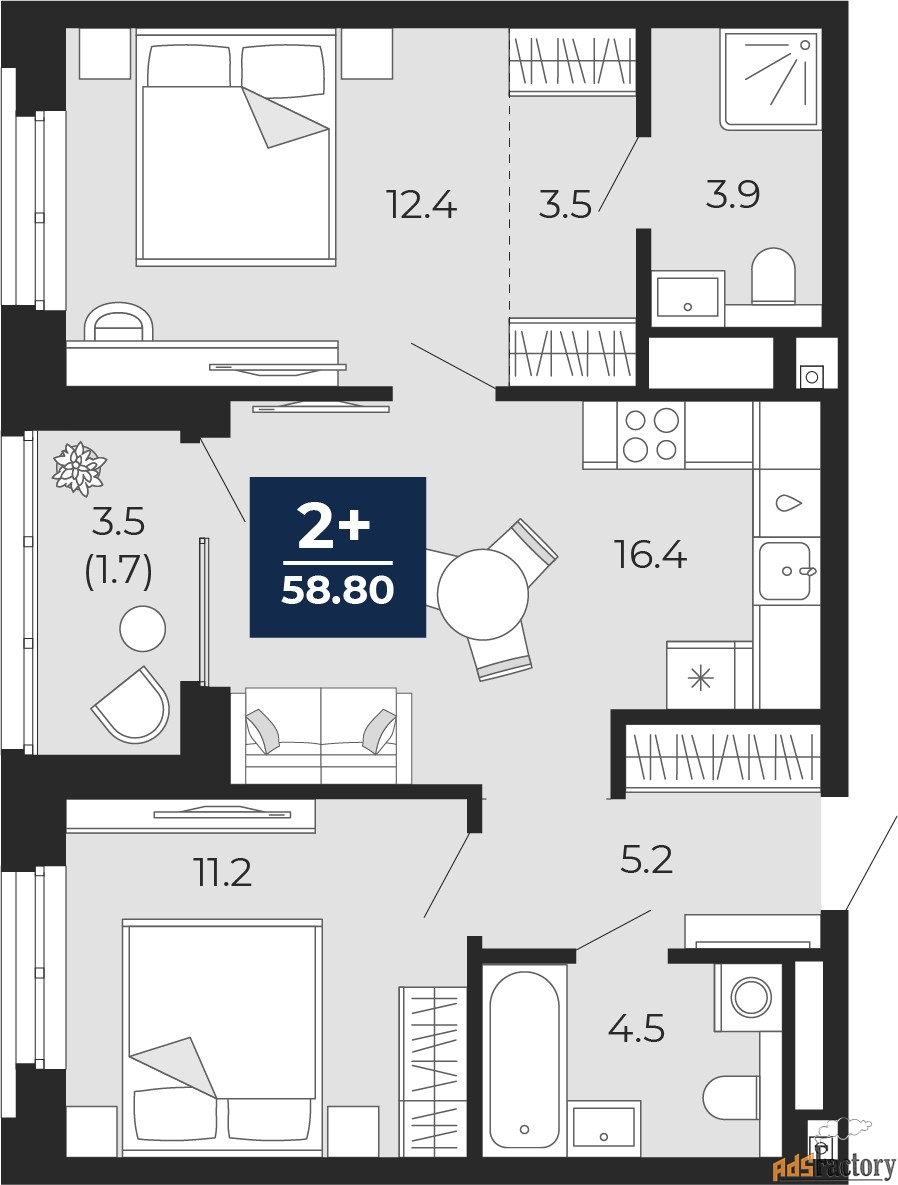 2 - комн. квартира, 58.8 м², 4/16 эт.