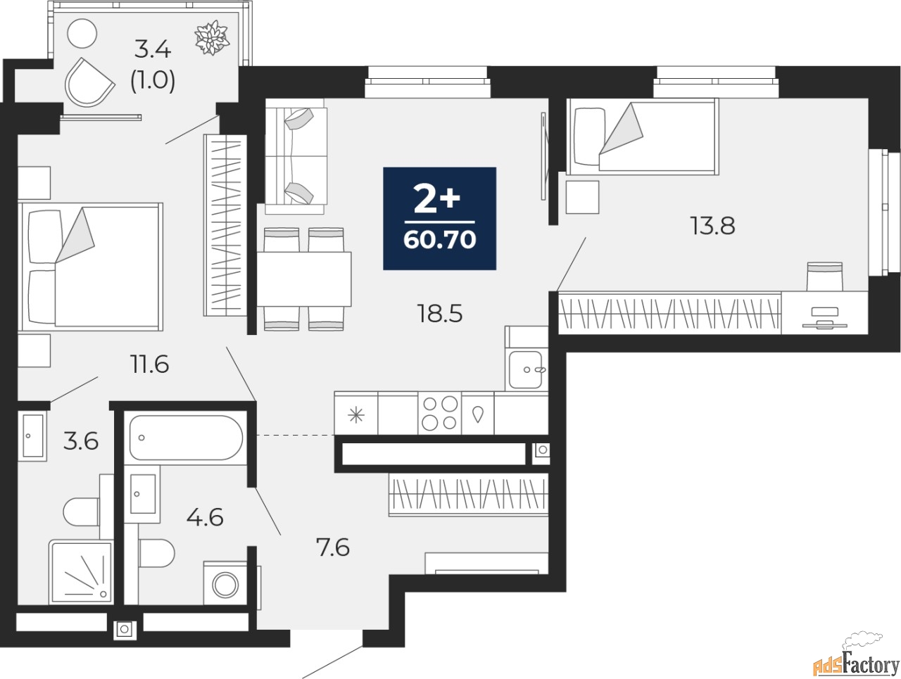 2 - комн. квартира, 60.7 м², 8/16 эт.