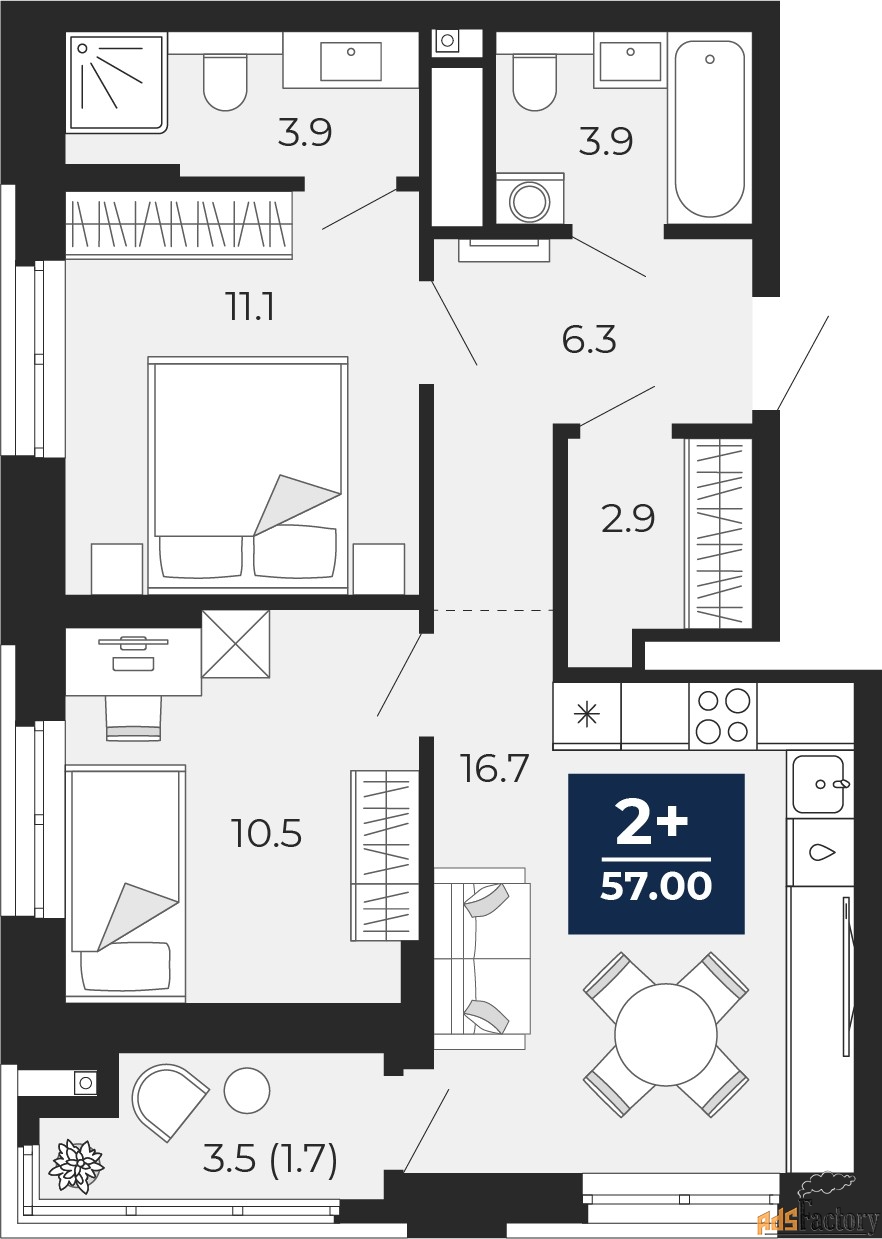 2 - комн. квартира, 57 м², 3/14 эт.