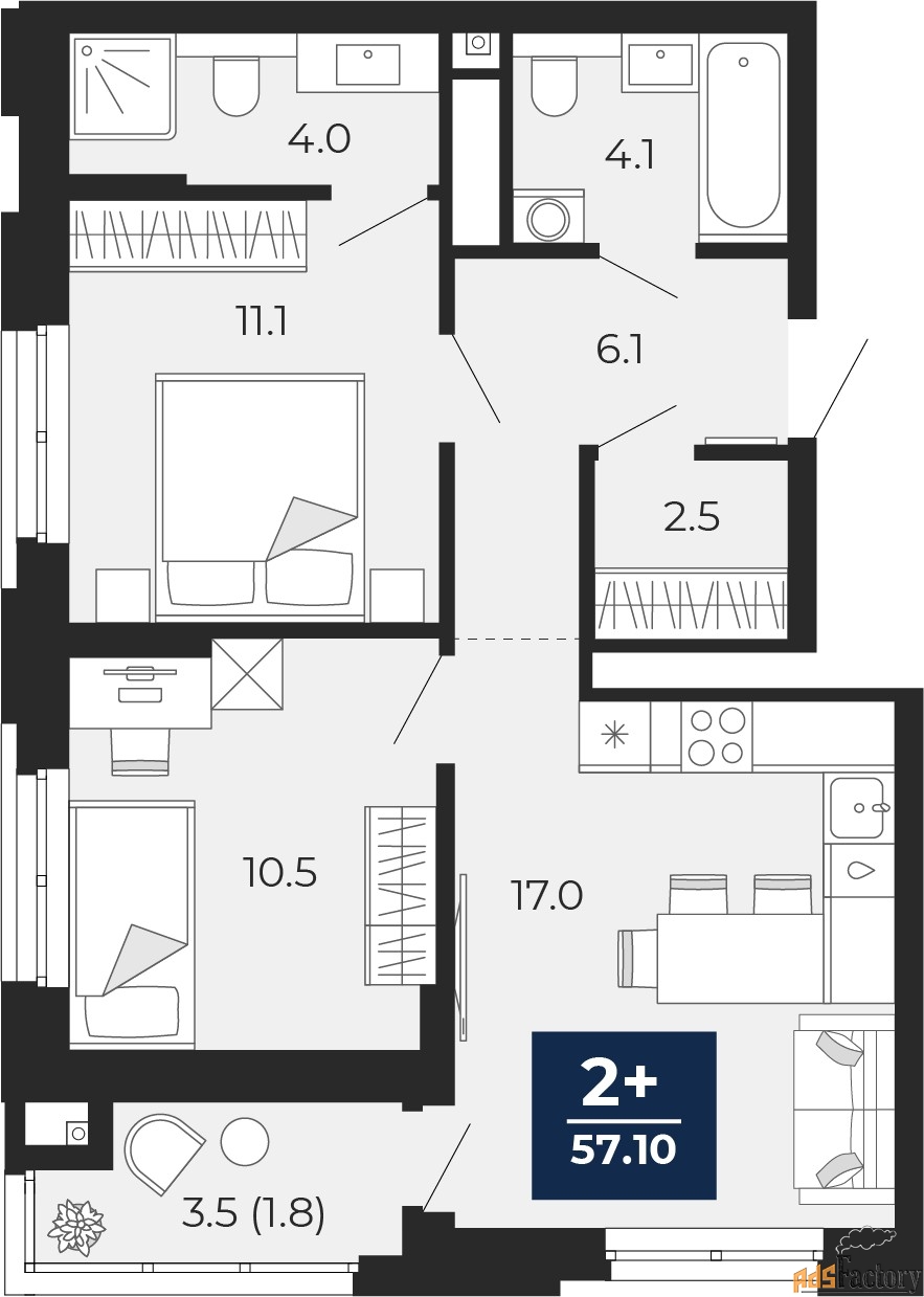 2 - комн. квартира, 57.1 м², 8/14 эт.