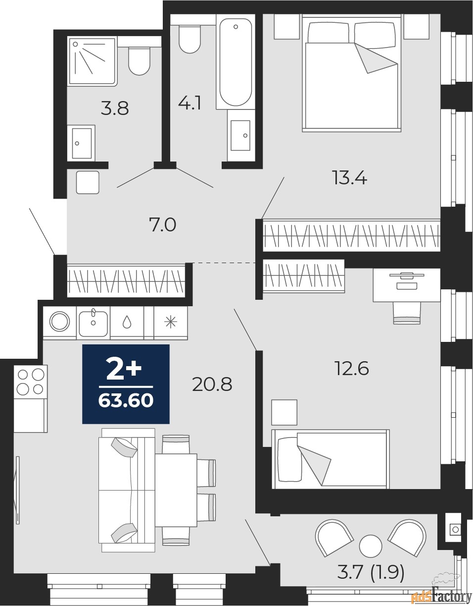 2 - комн. квартира, 63.6 м², 6/16 эт.