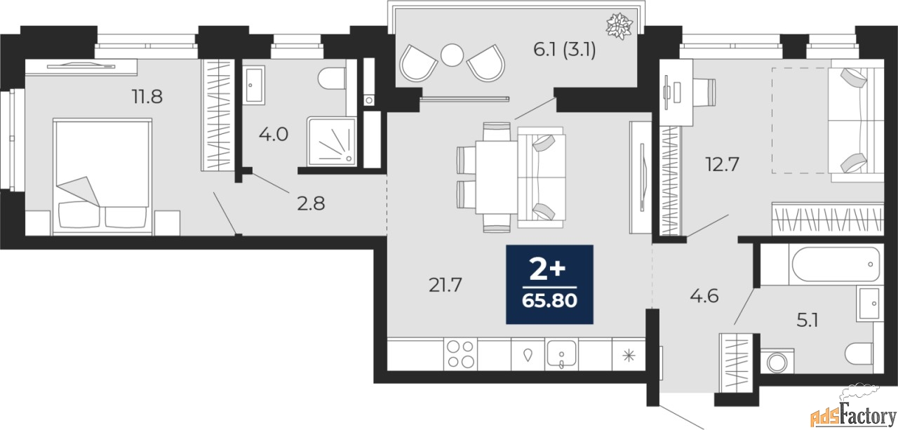 2 - комн. квартира, 65.8 м², 15/18 эт.