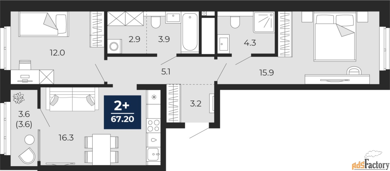 2 - комн. квартира, 67.2 м², 2/14 эт.