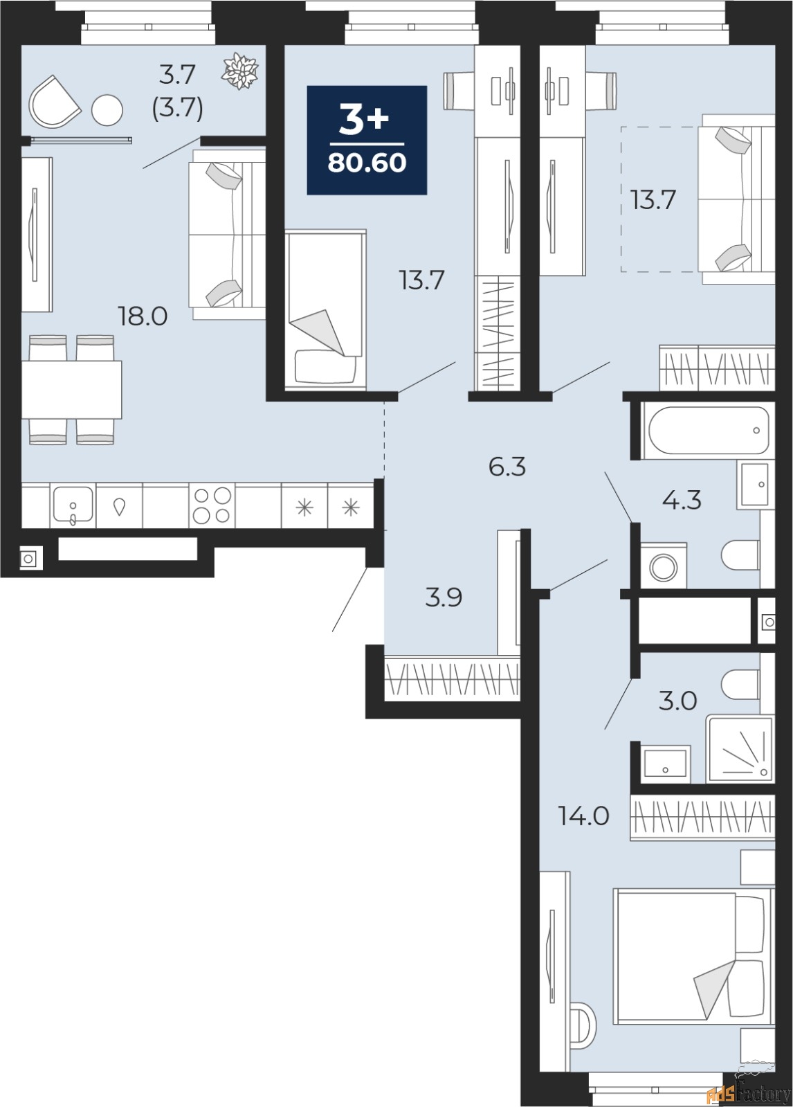 3 - комн. квартира, 80.6 м², 10/14 эт.