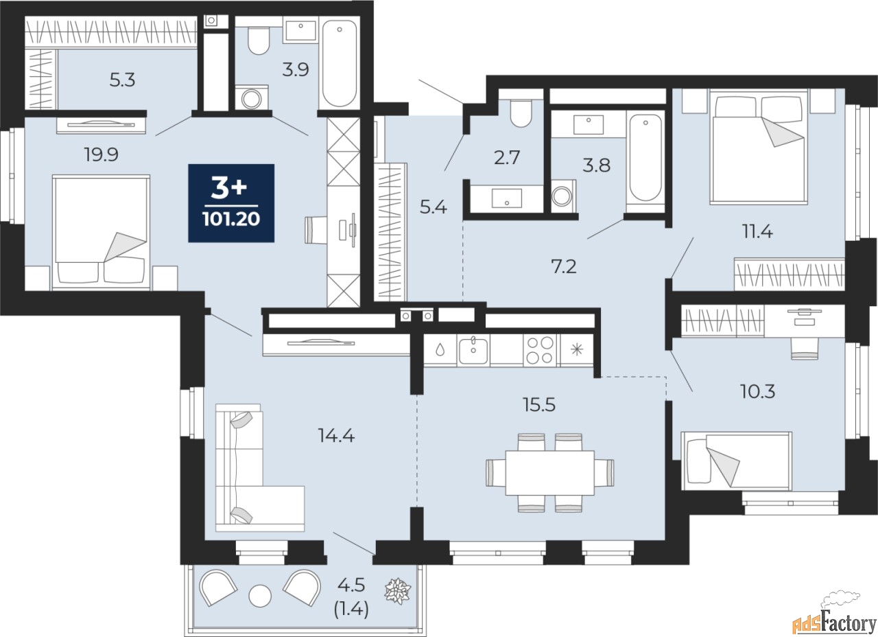 3 - комн. квартира, 101.2 м², 14/14 эт.