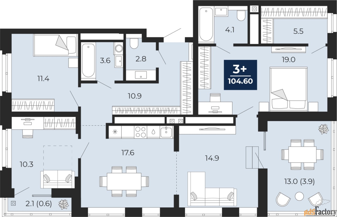 3 - комн. квартира, 104.6 м², 12/16 эт.