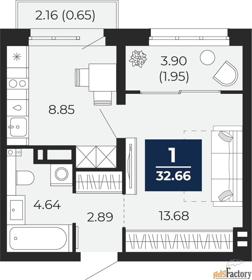 1 - комн. квартира, 32.66 м², 5/16 эт.