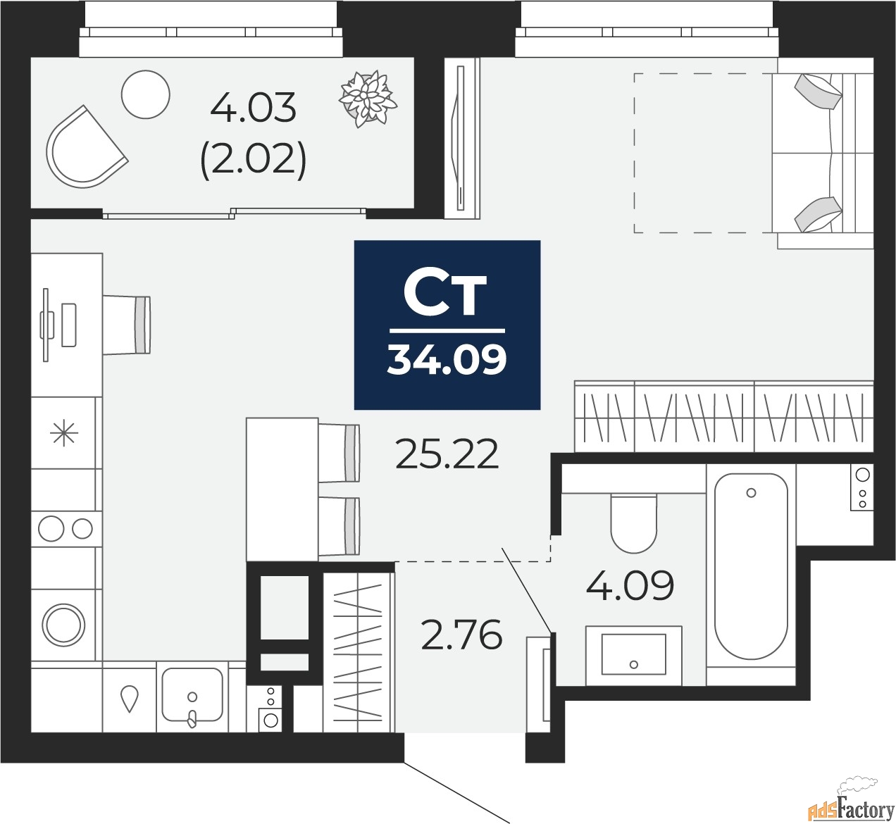 1 - комн. квартира, 34.09 м², 2/12 эт.