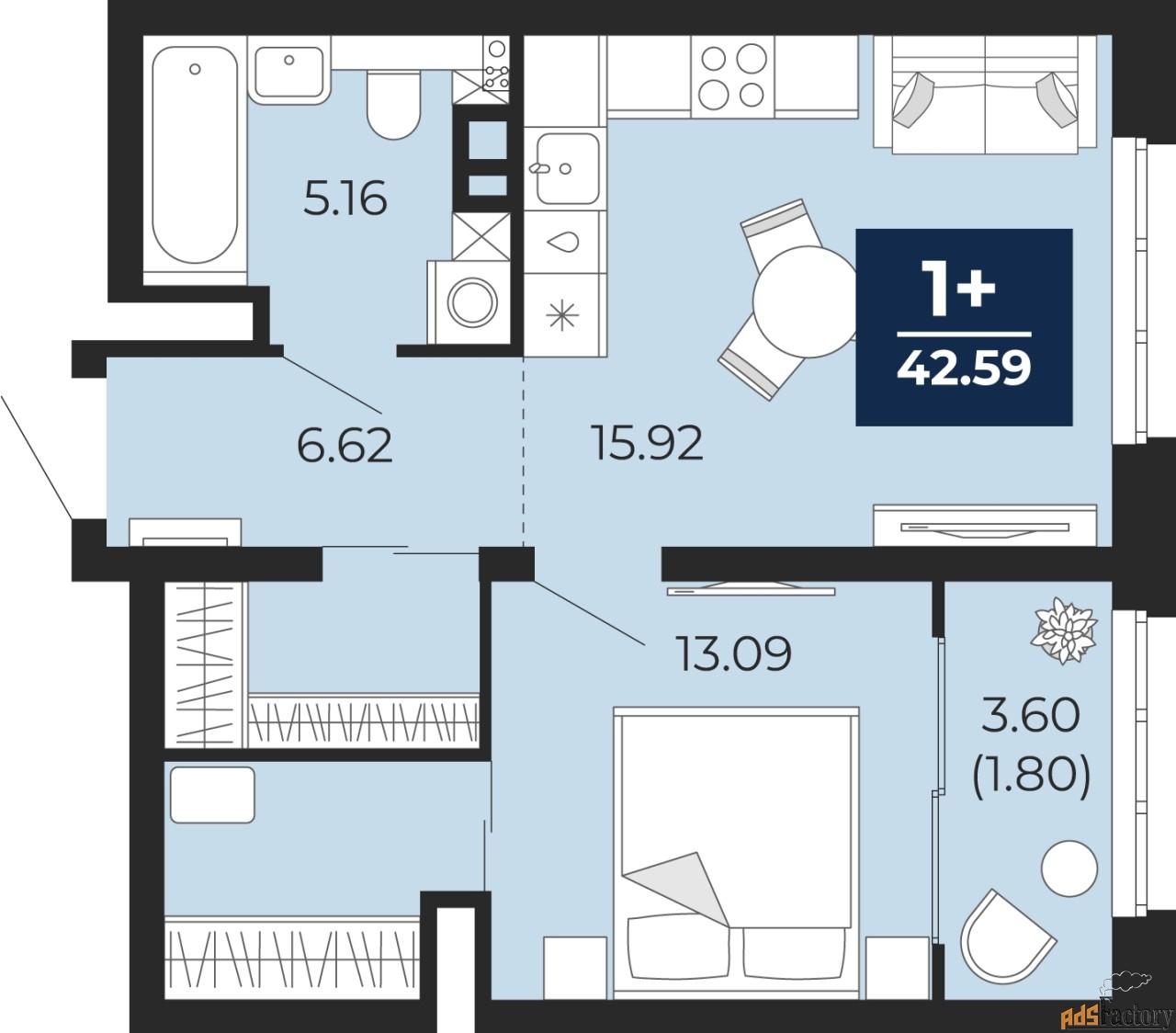 1 - комн. квартира, 42.59 м², 2/22 эт.