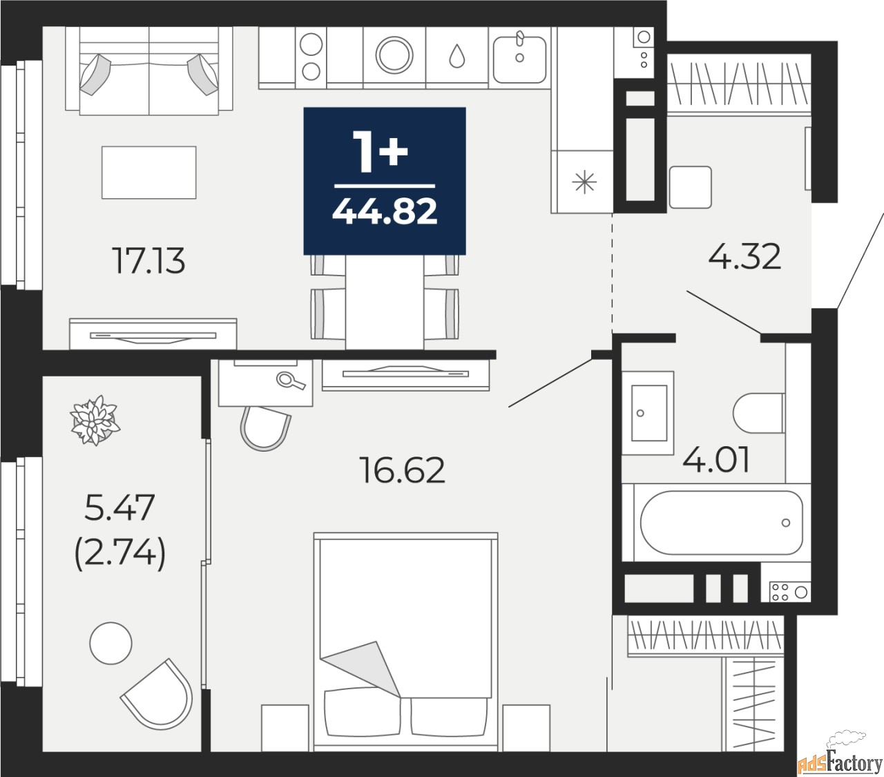 1 - комн. квартира, 44.82 м², 3/21 эт.