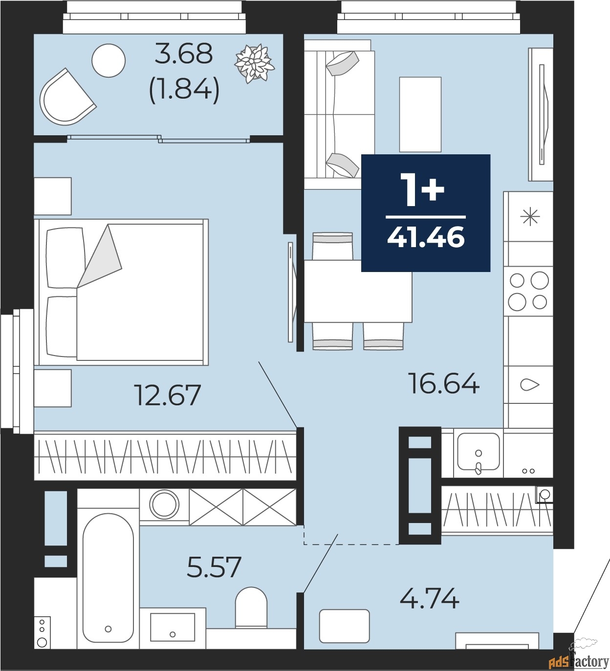 1 - комн. квартира, 41.46 м², 12/14 эт.