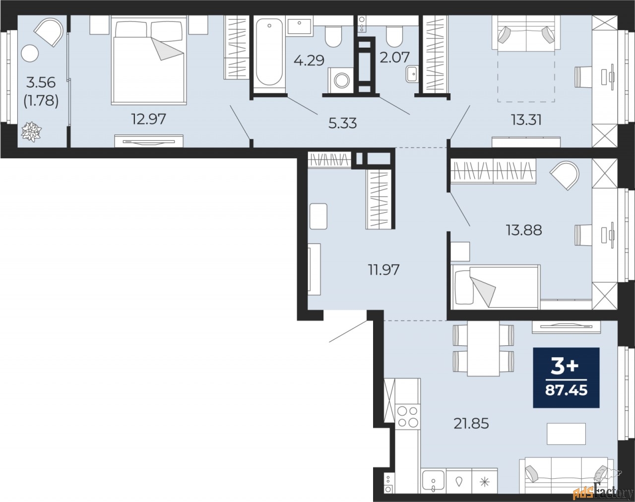 3 - комн. квартира, 87.45 м², 9/17 эт.