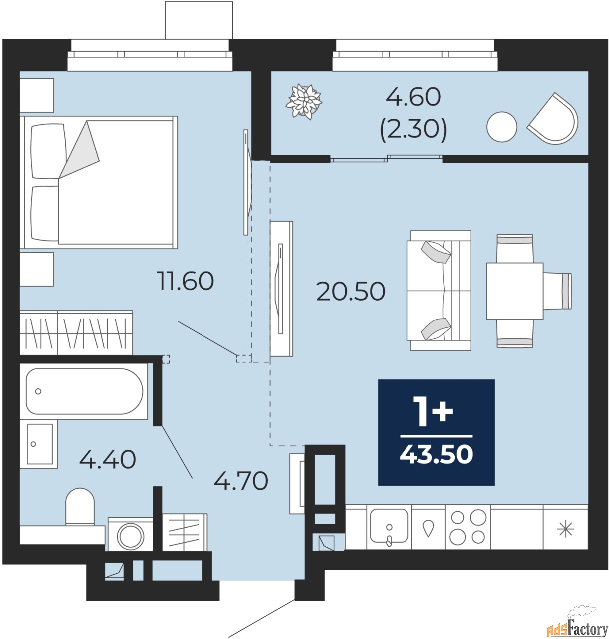 1 - комн. квартира, 43.5 м², 15/18 эт.