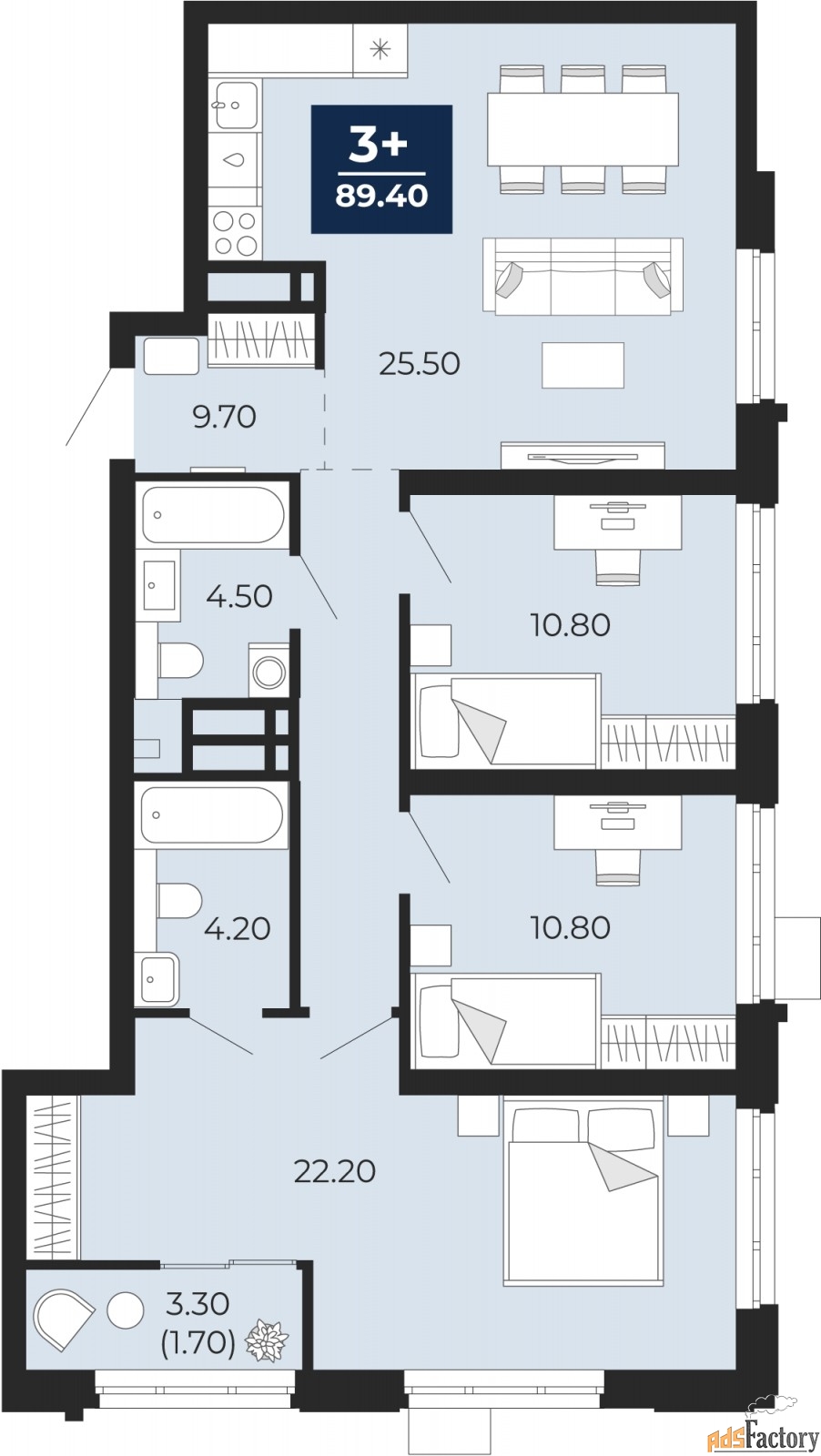 3 - комн. квартира, 89.4 м², 4/24 эт.