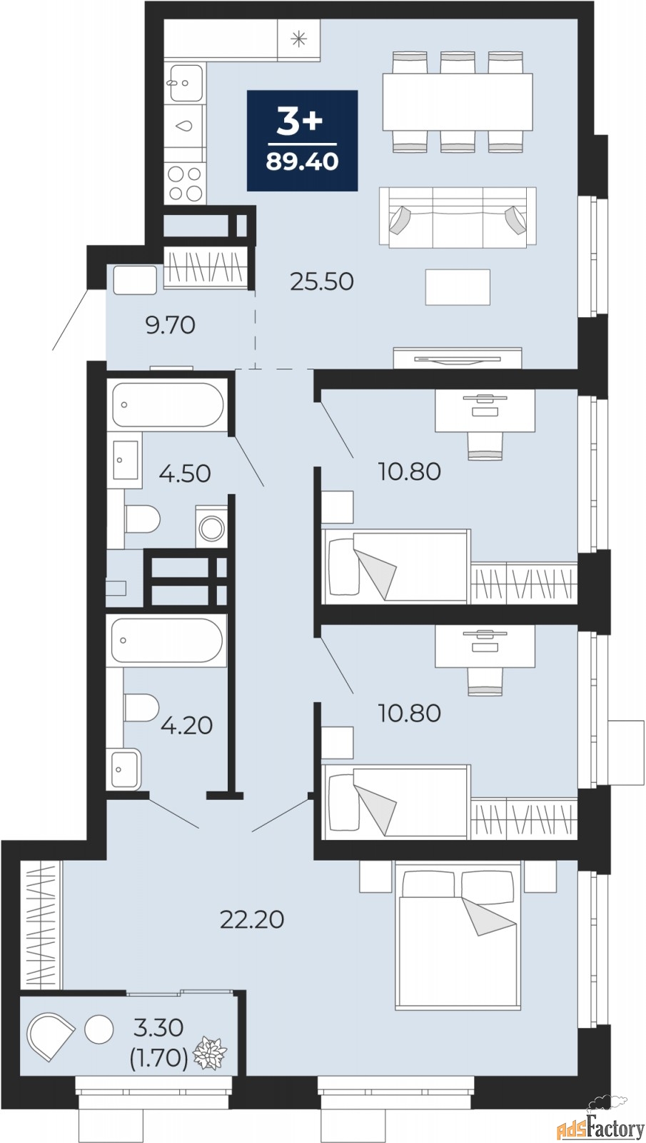 3 - комн. квартира, 89.4 м², 3/24 эт.