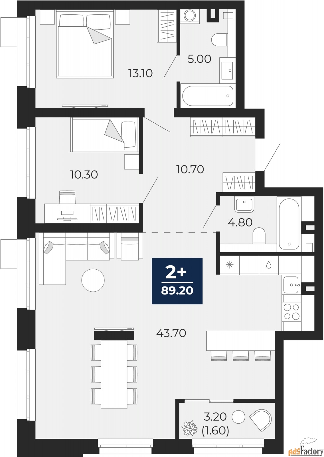 2 - комн. квартира, 89.2 м², 2/24 эт.