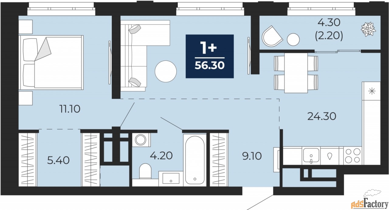 1 - комн. квартира, 56.3 м², 18/24 эт.