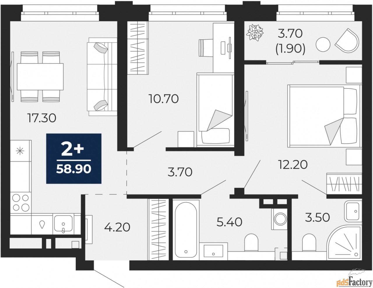 2 - комн. квартира, 58.9 м², 2/24 эт.