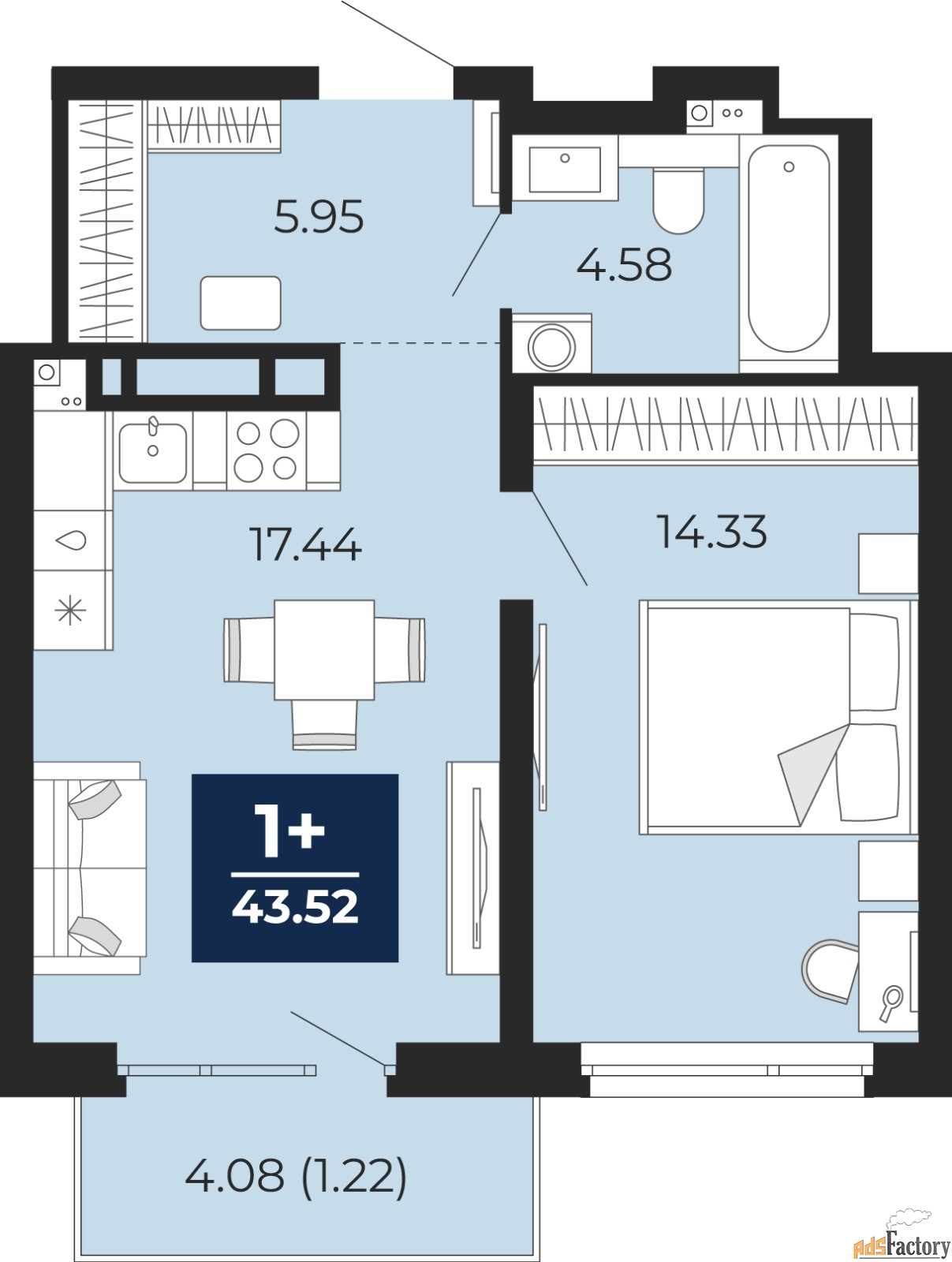 1 - комн. квартира, 43.52 м², 19/22 эт.