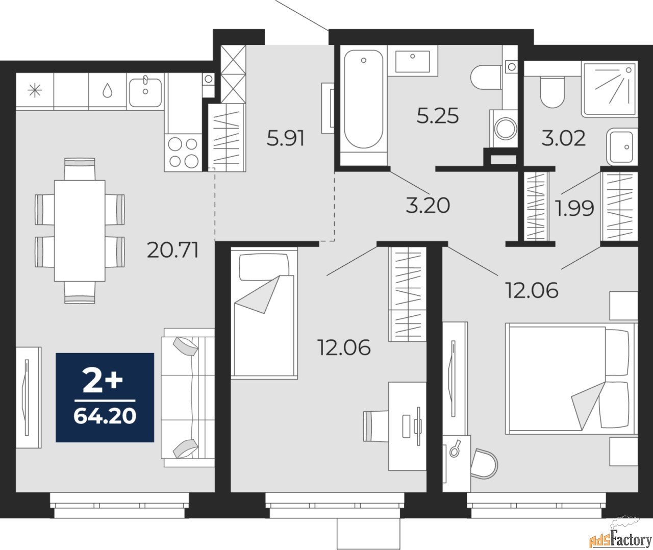 2 - комн. квартира, 64.2 м², 1/22 эт.