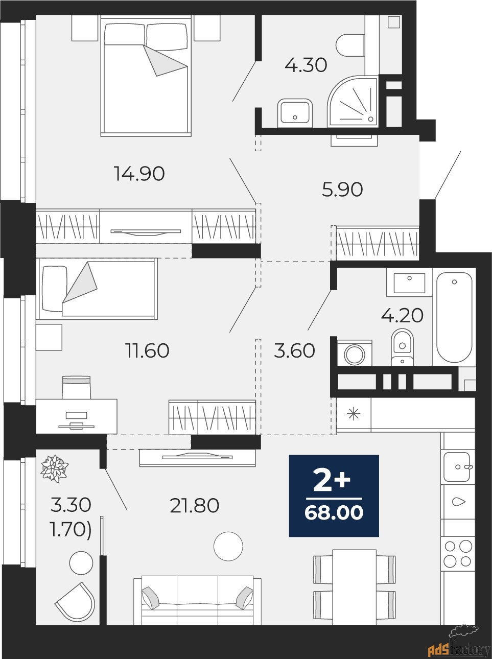 2 - комн. квартира, 68 м², 4/24 эт.