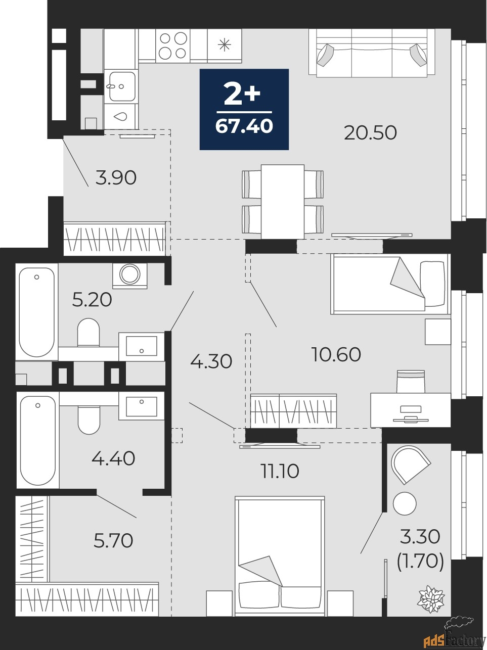2 - комн. квартира, 67.4 м², 2/24 эт.