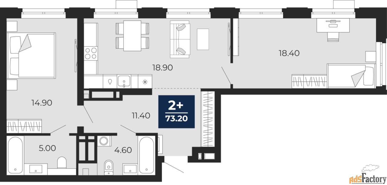 2 - комн. квартира, 73.2 м², 17/20 эт.