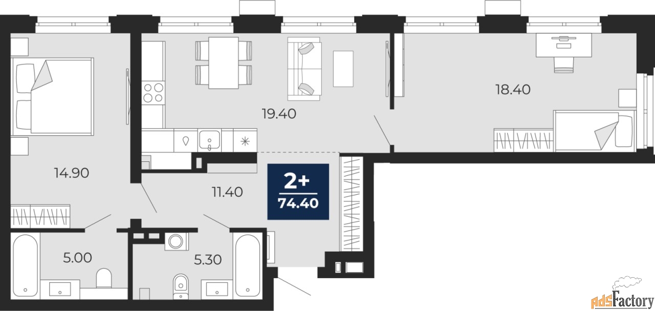 2 - комн. квартира, 74.4 м², 2/20 эт.