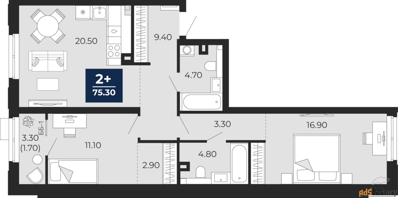 2 - комн. квартира, 75.2 м², 2/20 эт.